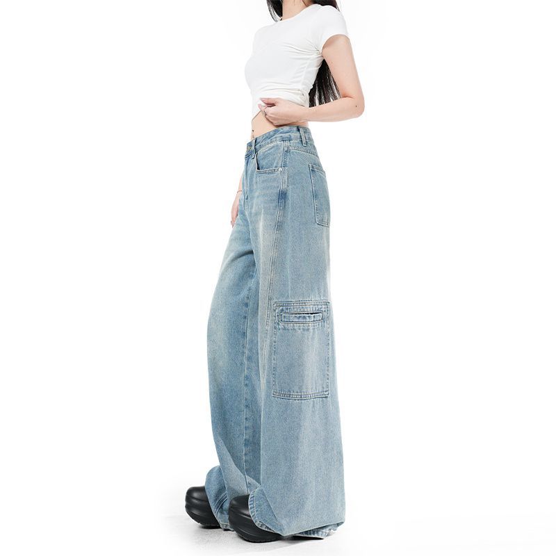 Spring Summer Multi Pocket Cargo Relaxed Wide Leg Trendy Denim Pants Ladies Casual Pants Oversize Denim Trousers