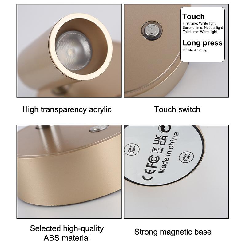 LED-Licht Magnetisch USB Wiederaufladbar Wandleuchte Strahler Kabellos Keine Verkabelung Kein Bohren Leselicht Schlafzimmer Nachttischleuchte