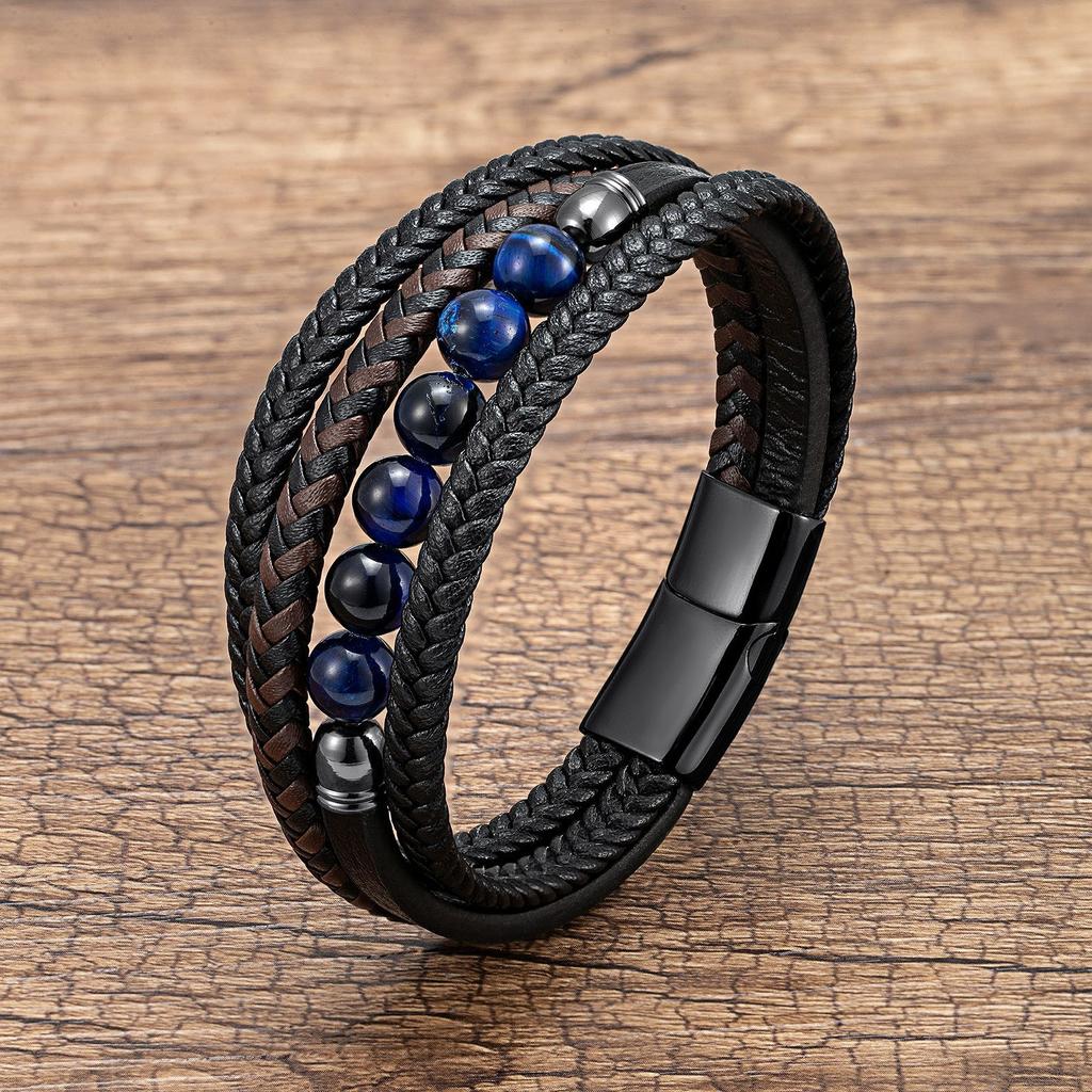 2026 European and American Buckle Fashion Jewelry Multi-layer Leather Rope Hand-woven Bracelet Stone Bracelet