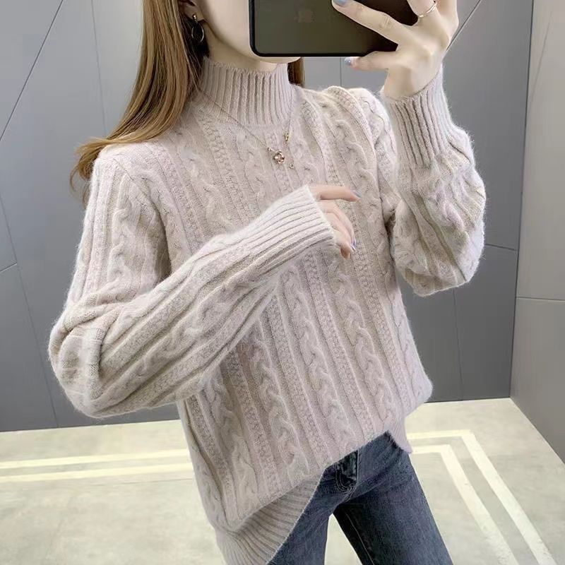 Herbst- und Winterstil Langarm Halber Stehkragen Pullover Damen Koreanische Version Einfarbig Kringel-Pullover Top