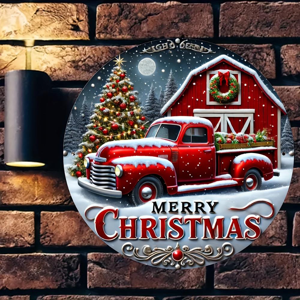 Vintage Red Truck Merry Christmas Sign 8 Inch Round Aluminum Metal Waterproof Wall Decor Farmhouse Decor with Christmas Tree