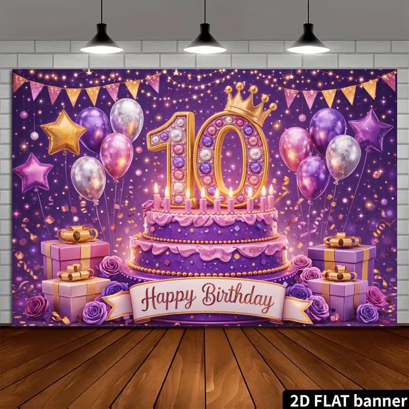 2D Purple and Gold Happy 10th Birthday Backdrop Photography Banner