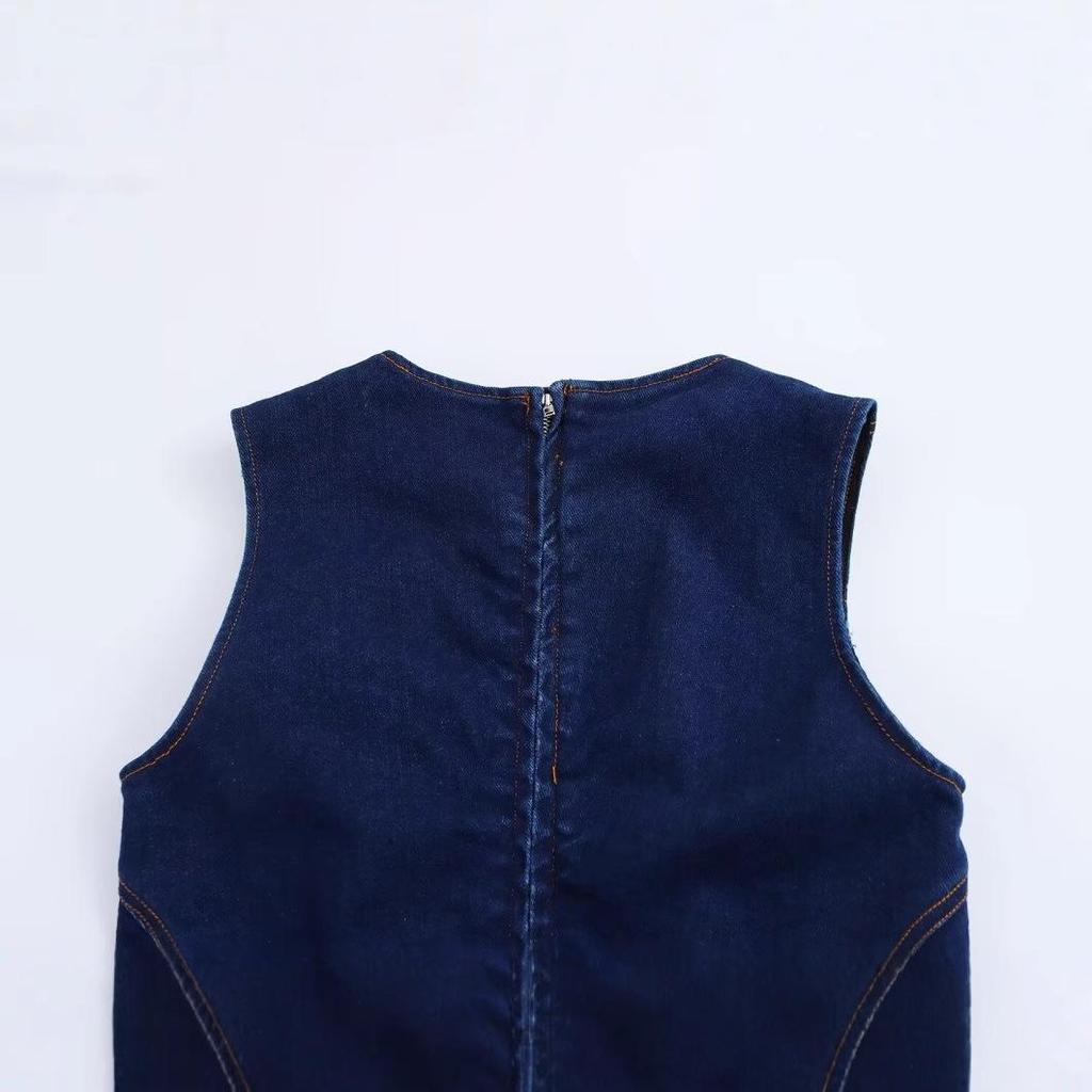 Women's 2025 Spring Sleeveless Denim Midi Dress - Versatile Retro French Style