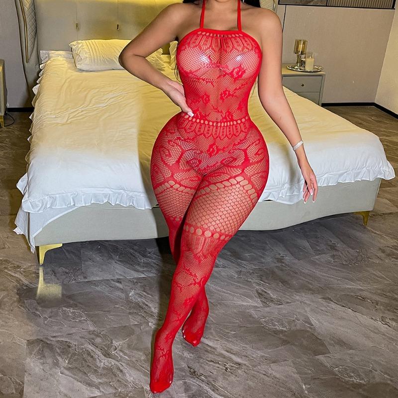 Sexy Seduction Lingerie Burgundy Suspender Hollow Net Jacket Open One-piece