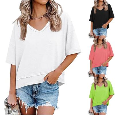 Verão Novo Moda Feminina Solta Gola V Manga Curta Cor Sólida Patchwork Camiseta Top, Estilo Europeu Americano Transfronteiriço