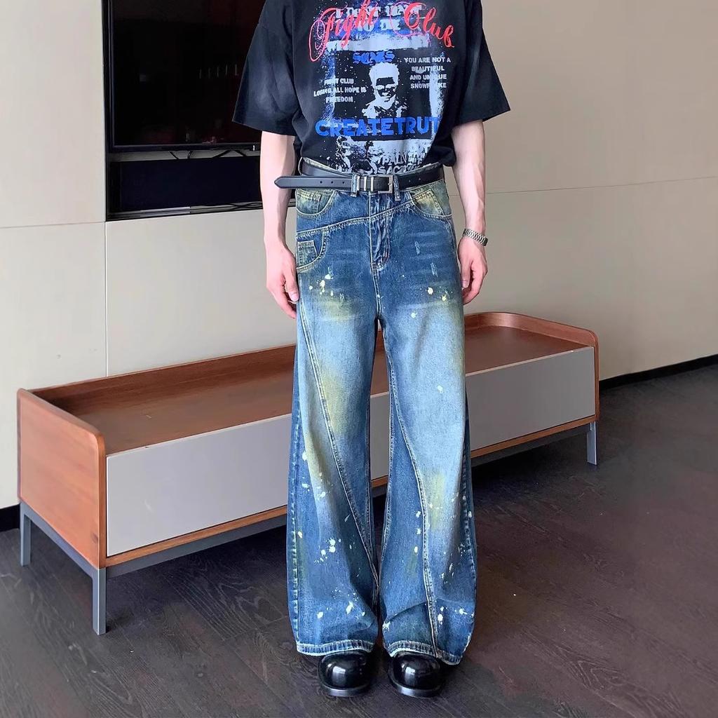 JYL Men's Straight Jeans American Niche Deconstructed Patch High-Street Loose Denim Pants