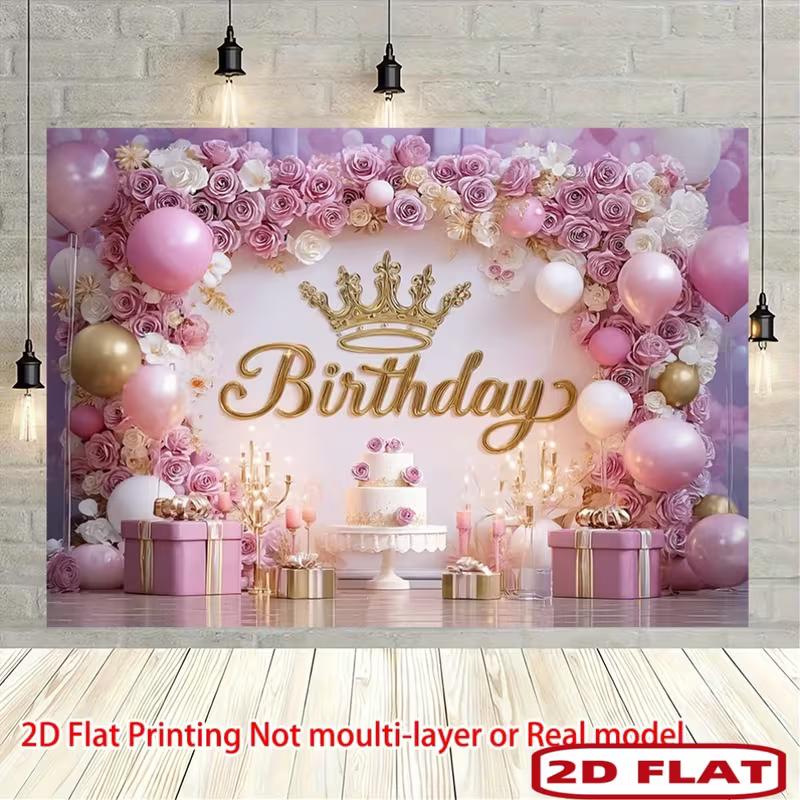 Dwuwymiarowy Różowo-Złoty Baner Tło na Urodziny Księżniczki Korona Kwiat Różany Dekoracja Tła Imprezy Happy Birthday