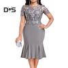 Women Plus Size Embroidery Lace Splice Dress O neck Short Sleeve High Waist Hip Wrapped Fishtail Gown Dress