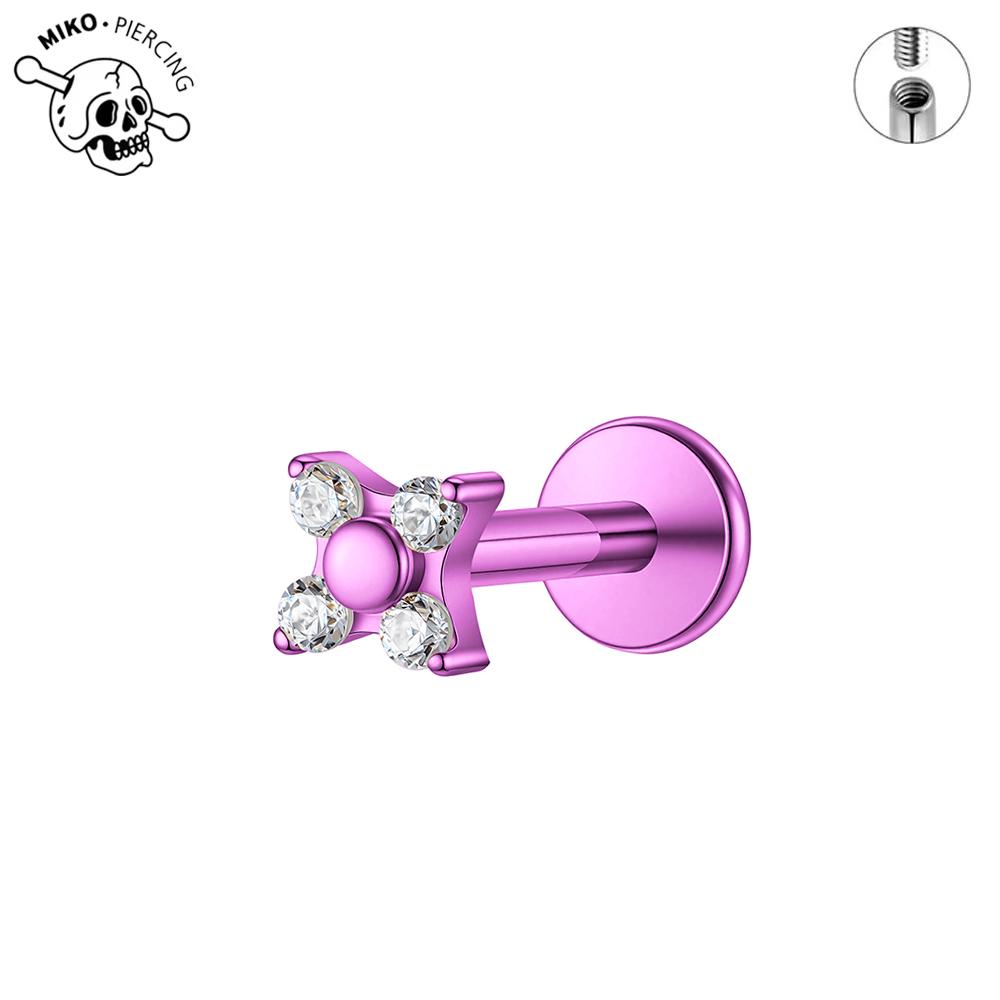 ASTM F136 Titanium Anodizing Four Petal Flower CZ Cartilage Earring 16G Internally Threaded Flat Back Labret Piercing Jewelry