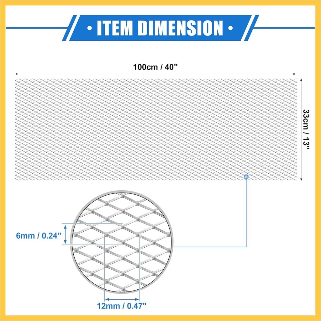 Car Grill Mesh, 40"x13" 12x6mm Rhombic Hole Car Pickup Truck Grille Mesh Sheet Air Intake Insert Universal for Car Multifunctional Aluminum Alloy