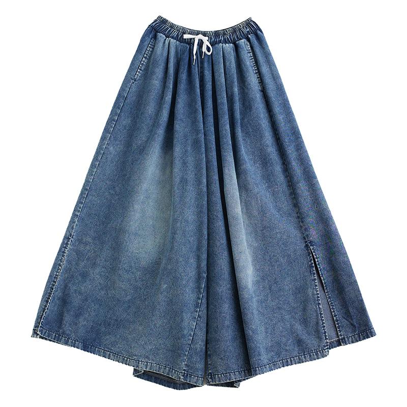 Summer Plus Size Women Jeans Long Pants Basic Trousers Loose Wide Leg Pants Casual Solid Blue Large Size