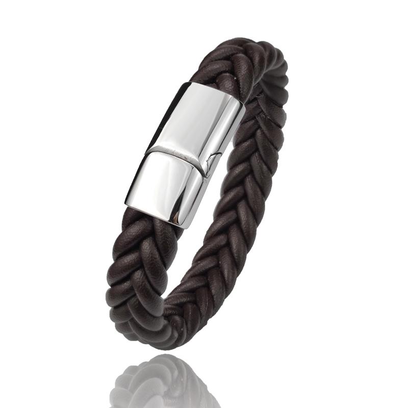 Punk Men Braided Leather Bracelet Jewelry Black/Brown/Red/Blue Stainless Steel Magnetic Clasp Fashion Bangles Charm Bracelets