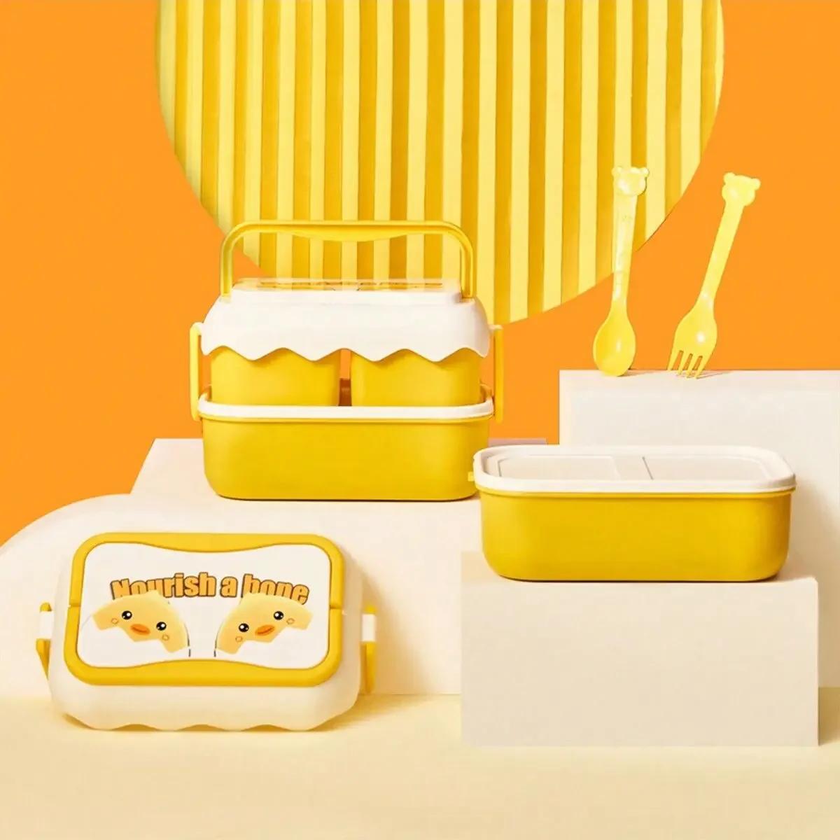 1pc-Double layered sealed plastic tableware safety bento lunch box, portable fruit lunch box colore giallo banana