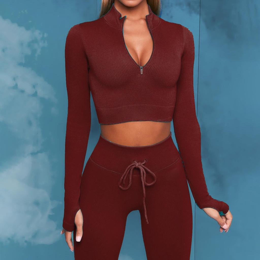 Ribbed Seamless Knitted Tracksuit: Crop Top & High Waist Butt Lift Yoga Pants, Long/Short Sleeve Options