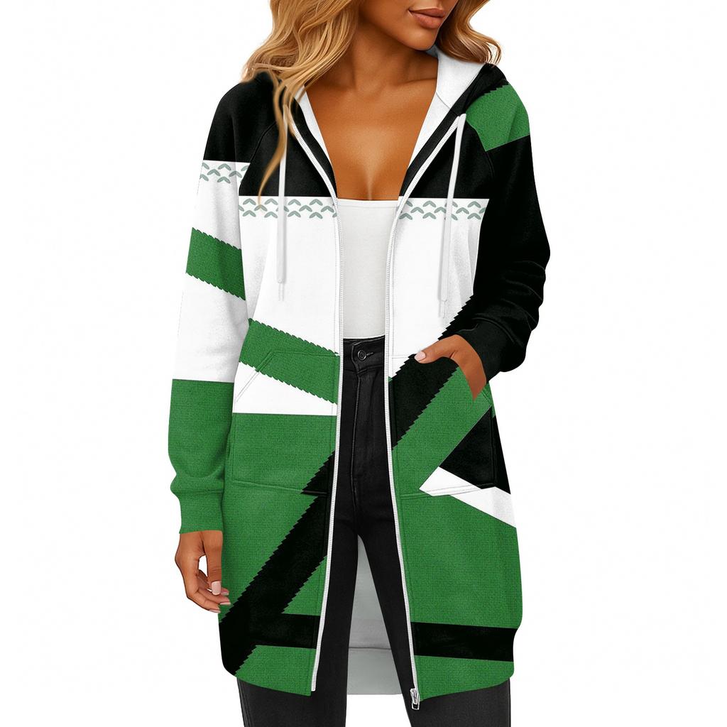 Women's Fashionable Printed  Long Sleeved Drawstring Hooded Zipper Pocket Long Casual Sweatshirt Jacket