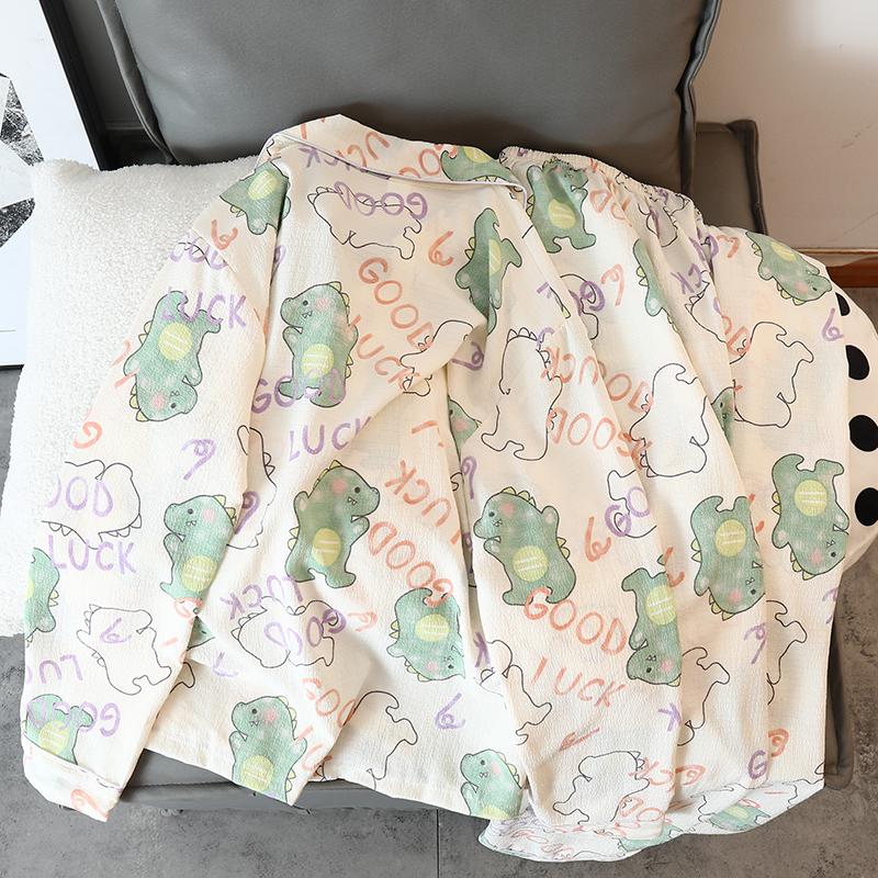 Green Dinosaurs Homewear Cartoon Kawaii Cute Women's Sleep Lounge Autumn New Casual Long Sleeve Top Pant 2PC Pajamas
