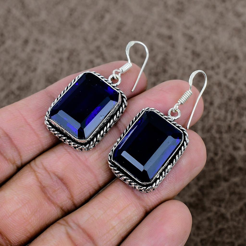 Blue Topaz Gemstone Handmade 925 Sterling Silver Jewelry Earring 1.77" KKG-993