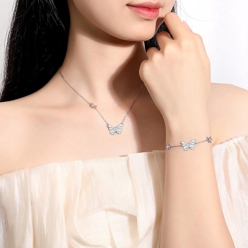 Tichia S925 Sterling Silver Luminous Enamel Butterfly Necklace for Women - Original Design Clavicle Chain