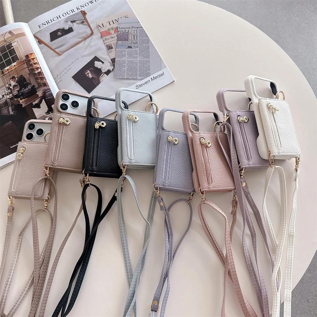 Crossbody Zipper Wallet with Card Holder Phone Case for IPhone Air 17 14 11 Pro Max 13 12 16 15 Plus Ring Stand Leather Cover