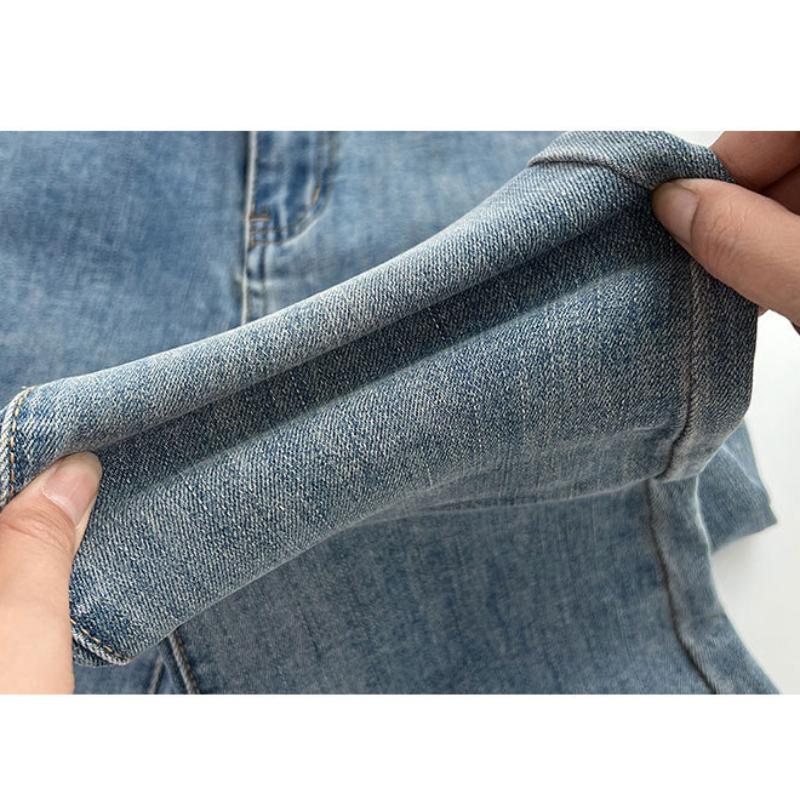 Retro Schlagjeans Damen Amerikanische High-Waist Stretch Slim Straight-Leg Raw-Edge Denimhosen Damen