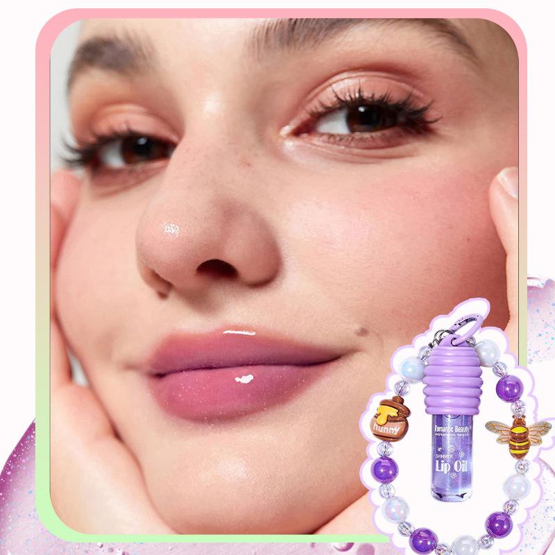 Lippenöl mit Kette 4 Farben Niedliches Armband Lippenbalsam Feuchtigkeitsspendender Lipgloss Wässriger Spiegel Getönter Lipgloss