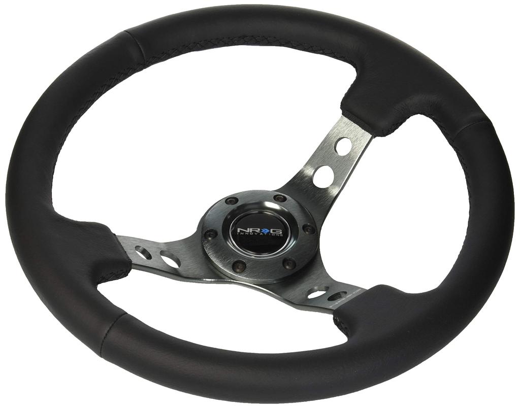 NRG Innovations Reinforced Steering Wheel Sport Steering Wheel inch Gunmetal Round RST-006GM (350mm (3 Deep) - Spokes, Holes/Black Leather).