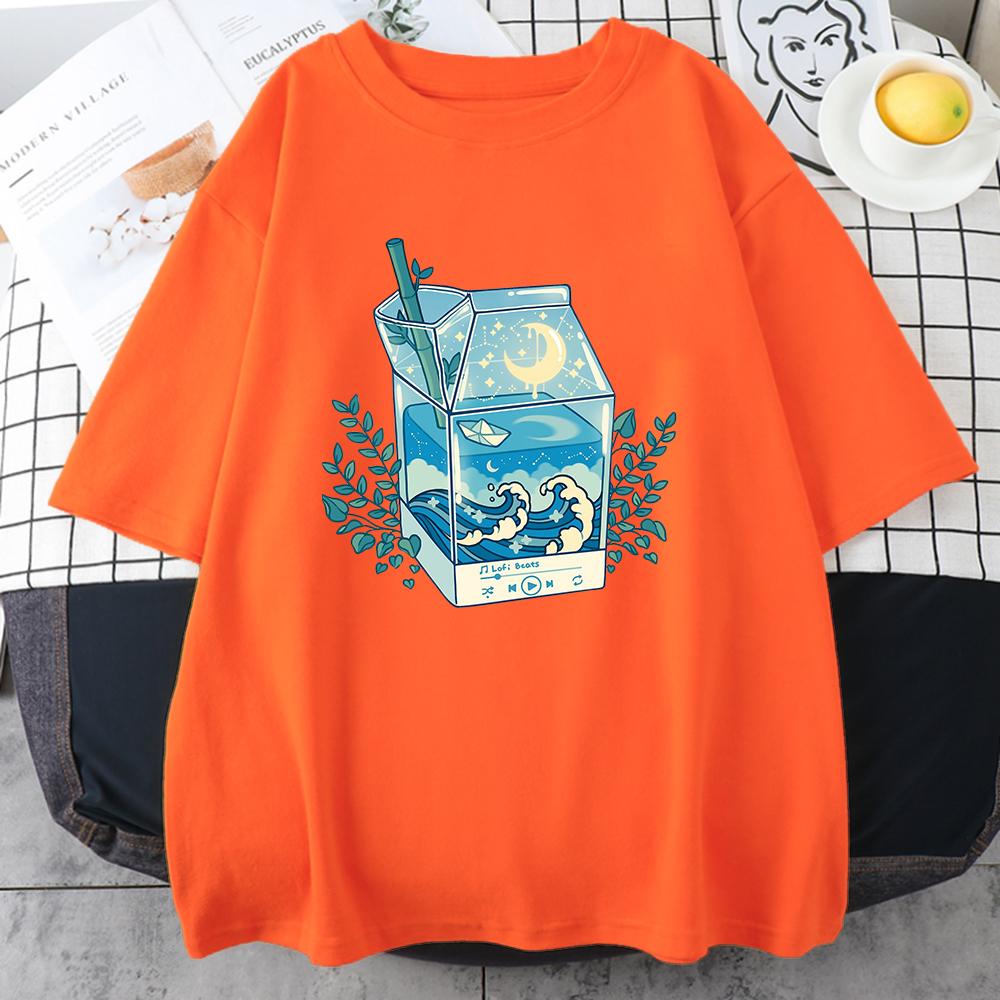 Milk Box Moonlight Waves Prints Man Cotton Clothing Creativity Casual Crewneck T-Shirts Mens Short Sleeve