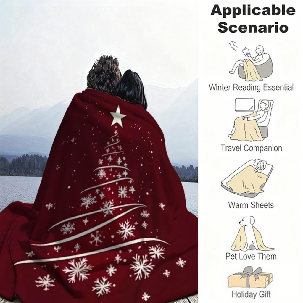 1Pc Red & Burgundy Christmas Tree Throw Blanket Soft Flannel With White Snowflake & Star Print Cozy Sofa Bed Cover Holiday Gift