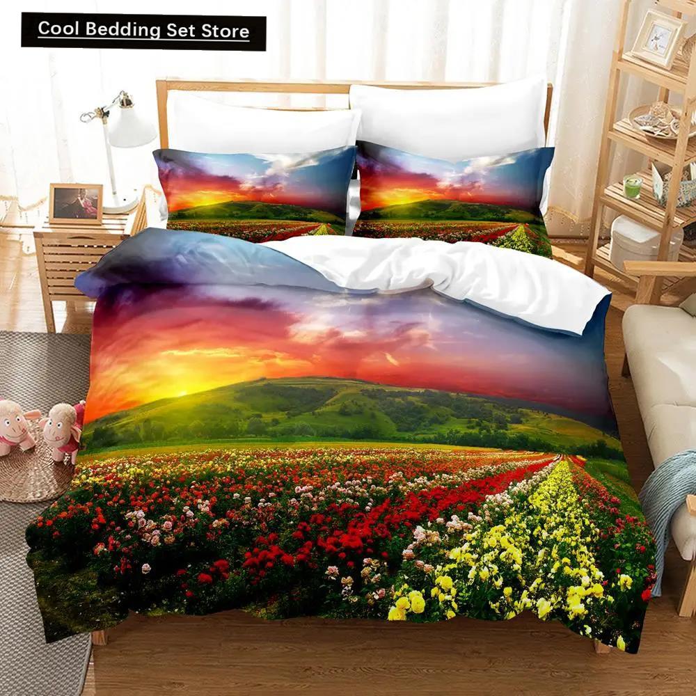 Comforter Natural Landscape Blue Sky Lawn Flower Double Queen King Size 2/3Pcs Polyester For Kids Teens Adults