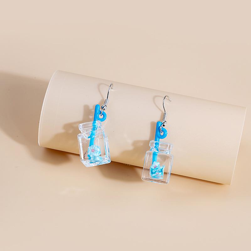 Cartoon Creative Handmade Milk Tea Cup Beverage Bottle Earrings, Funny Cute Mineral Water Bottle Earrings