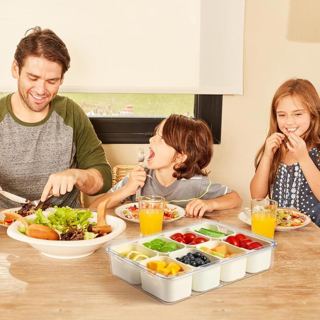 Snackle Box, Divided Serving Tray with Lid and Handle - Portable Snackle Box Charcuterie Container, Clear Snack Platter Organizer, 8 Compartments