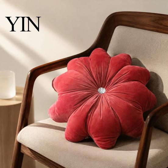 Round Decorative Pillows for Bed Flower Throw Pillow, 18 Inch Floral Cushion, Velvet Accent Home Decor Pillow with Rhinestone Sofa Couch Chair Shaped