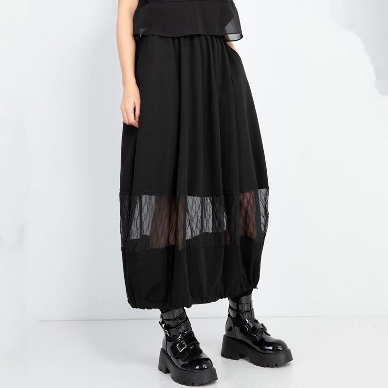 Talla grande Negro Cintura alta vintage Verano casual suelto largo para mujer faldas falda de mujer