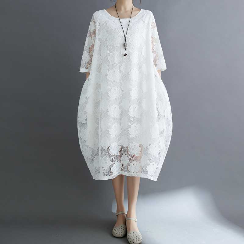 Summer Ethnic Style Lace Vintage Loose Dress Women Print Solid Color Round Neck Patchwork Pocket Long Sleeved Casual Versatile Dresses