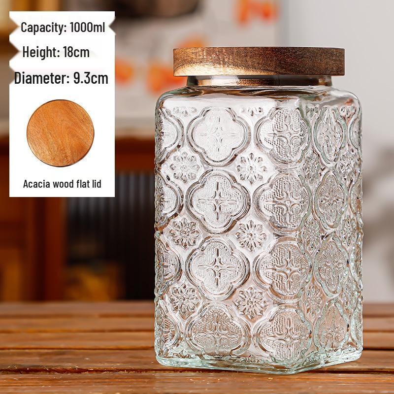 Retro Carved Storage Jar with Acacia Wood Lid for Grains, Dried Fruits, and Snacks