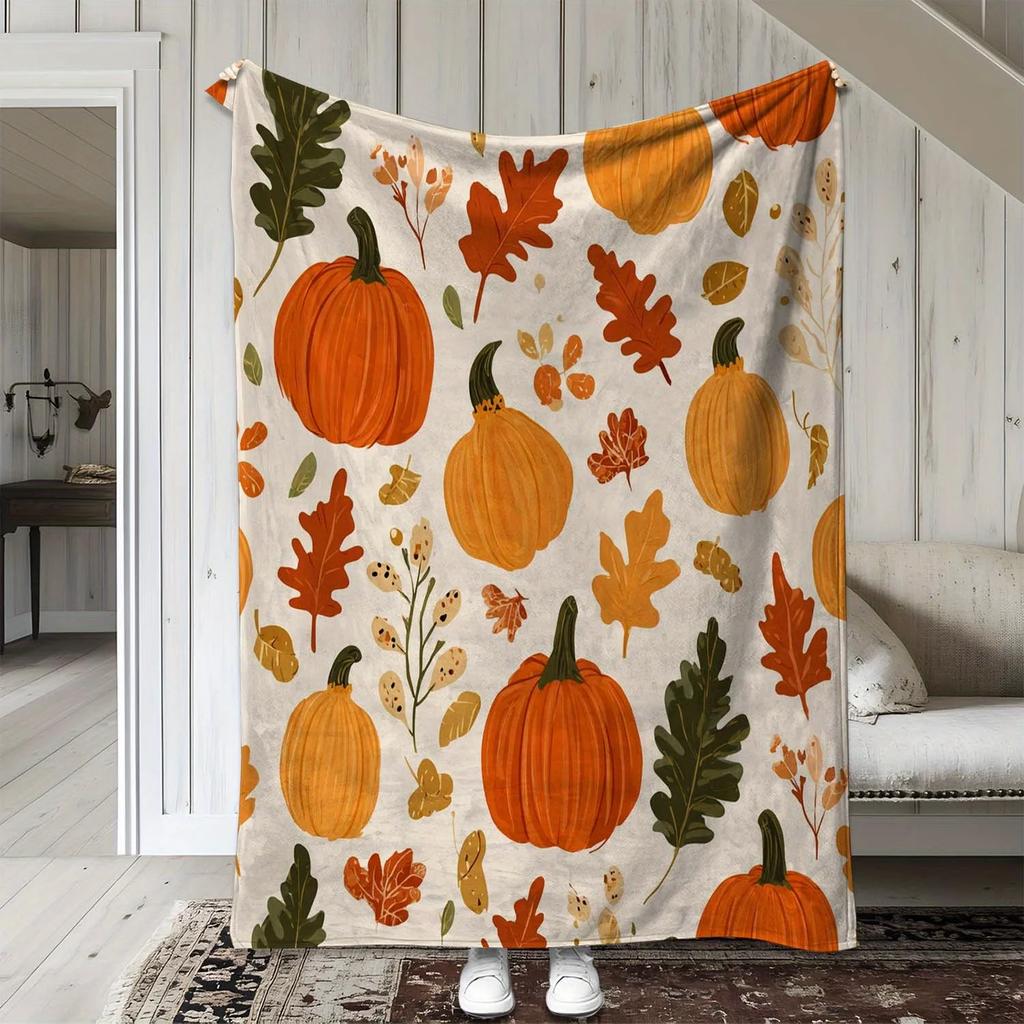 Erntedank-Kuscheldecke – Gemütlicher Kürbis, Truthahn & Herbstlaub mit „Thanksgiving“-Text, für Sofa, Bett, Herbst-Wohnkultur