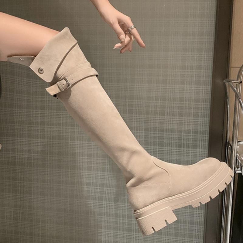 Fashion Women Mid Heels Over The Knee Suede Chelsea Boots New Platform Designer Luxury Shoes Goth Brand Walking Gladiator Mujer Botas