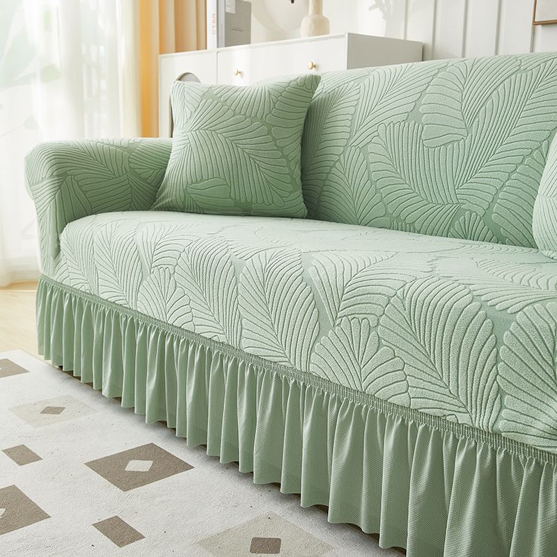 Elegant White Jacquard Sofa Cover with Ruffled Skirt Couch Protector for All Seasons, Modern Leaf Pattern Design, Elastic Fit for Living Room, Bedroom