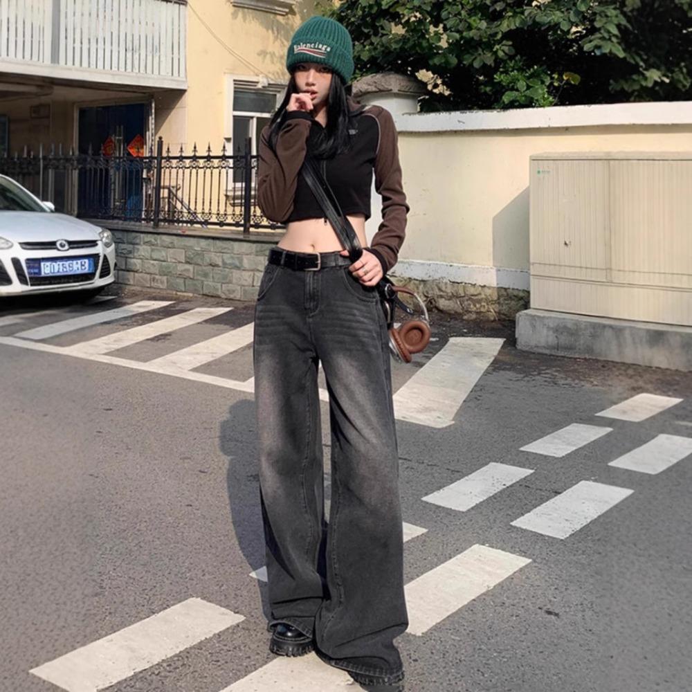 Women's High Waist Wide Leg Jeans Vintage Washed Straight Denim Pants Loose Draped Floor Length American Retro Casual Trousers