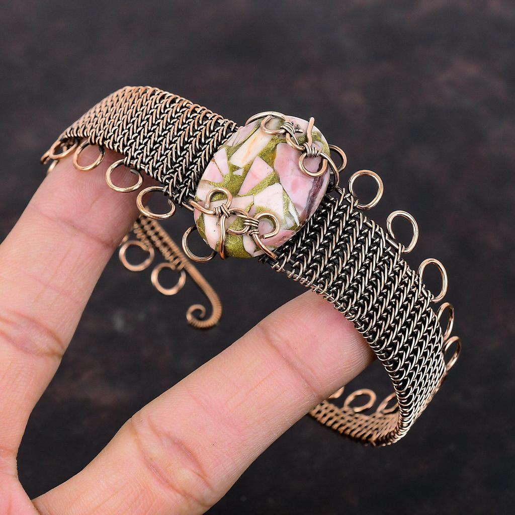Copper Pink Opal Bangle Copper Wire Wrapped Jewelry Gemstone Cuff Bracelet Adjustable Bangle Wire Wrap Bangle Gift For Mom Handmade Bracelet