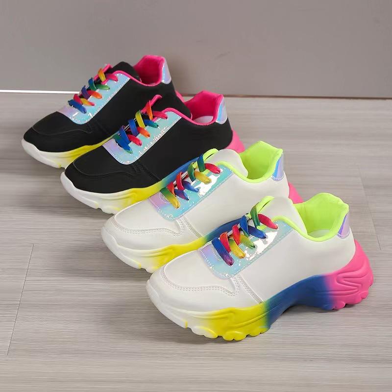 Fashion Sneakers Women's Platform Sports Shoes Rainbow Lace Up Multicolor Real Leather Vulcanize Shoes Casual Running Shoe Footwear