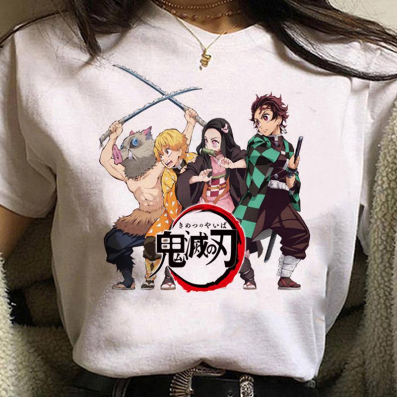Kawaii Casual Anime Demon Slayer Kimetsu No Yaiba Graphics Female T-Shirt Summer Loose Blouse White Tees O-Neck Women Goth Tops