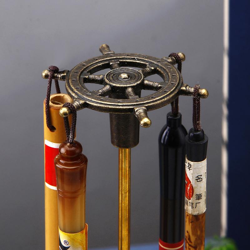 Vintage Metal Rudder Brush Pen Holder with Resin Stone Base Calligraphy Rest Ink Hanger 6 Hooks Writing Brush Holder