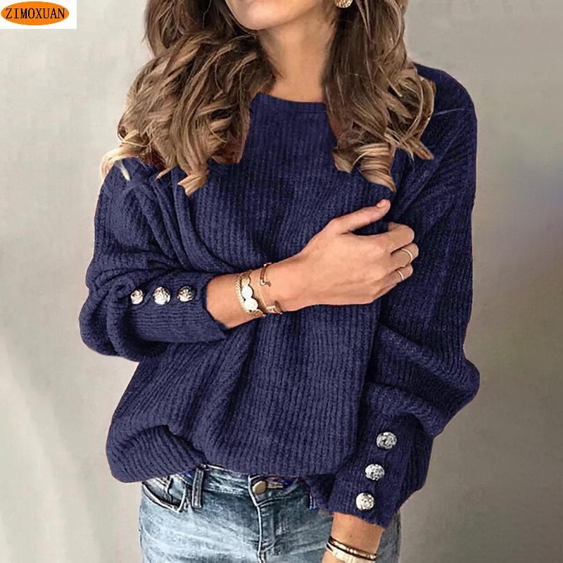 New Arrival Buttoned Women's Knit Sweater Loose Round Neck Casual Pullover