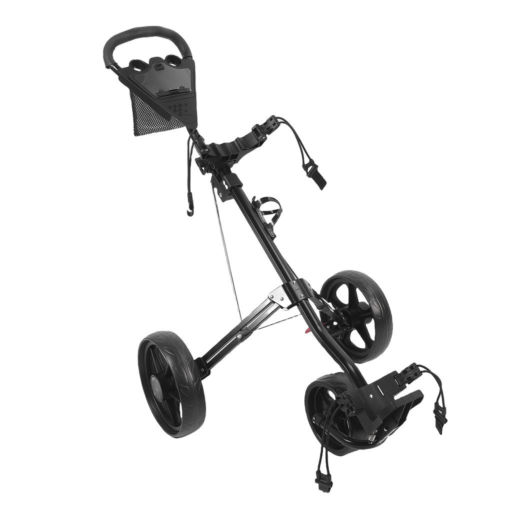 3 Wheel Folding Push Cart Portable Scorecard Holder Sports Bag Push Cart with Foot Brake Adjustable Buckle for Ball Tee