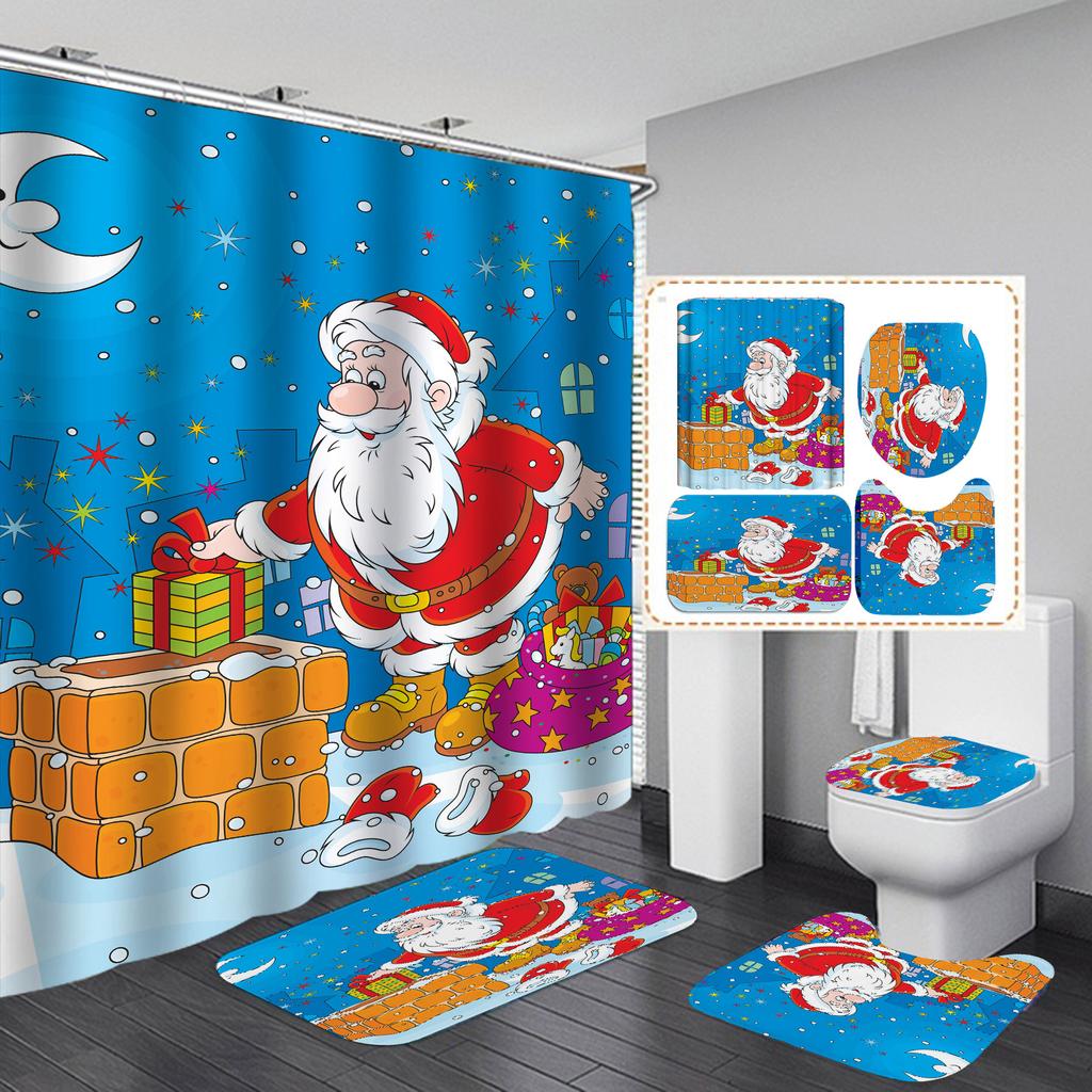 Merry Christmas Bathroom 4Pcs Set Snowman Santa Claus Pattern Waterproof Shower Curtain Toilet Cover Mat Non Slip Rug Home Decor
