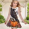 Little Girls Round Neck Sleeveless Printed A Line Flared Hem Dress Cute Bear Pumpkin Pattern
