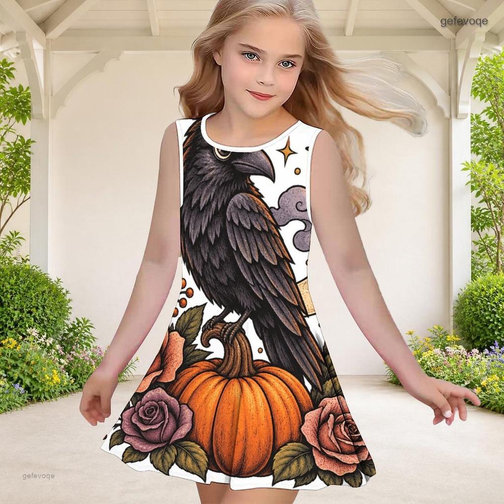 Little Girls Round Neck Sleeveless Printed A Line Flared Hem Dress Cute Bear Pumpkin Pattern