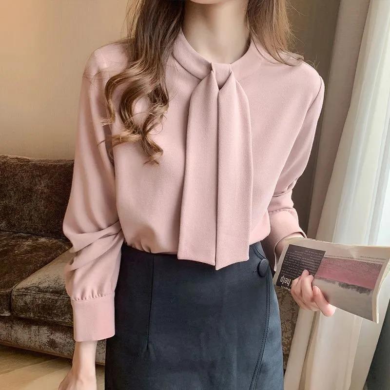 Women s Bow Tie Neck Long Sleeve Chiffon Blouse S розовый