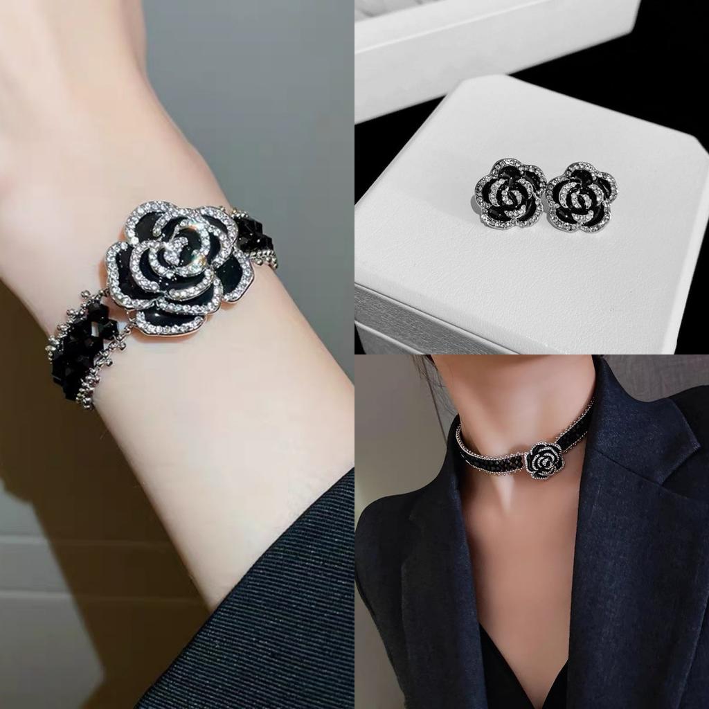 Schwarze Kamelie Halskette Damen Französisch Leichter Luxus Nische Schlüsselbeinkette Armband Ohrringe Mode High-End Schmuck